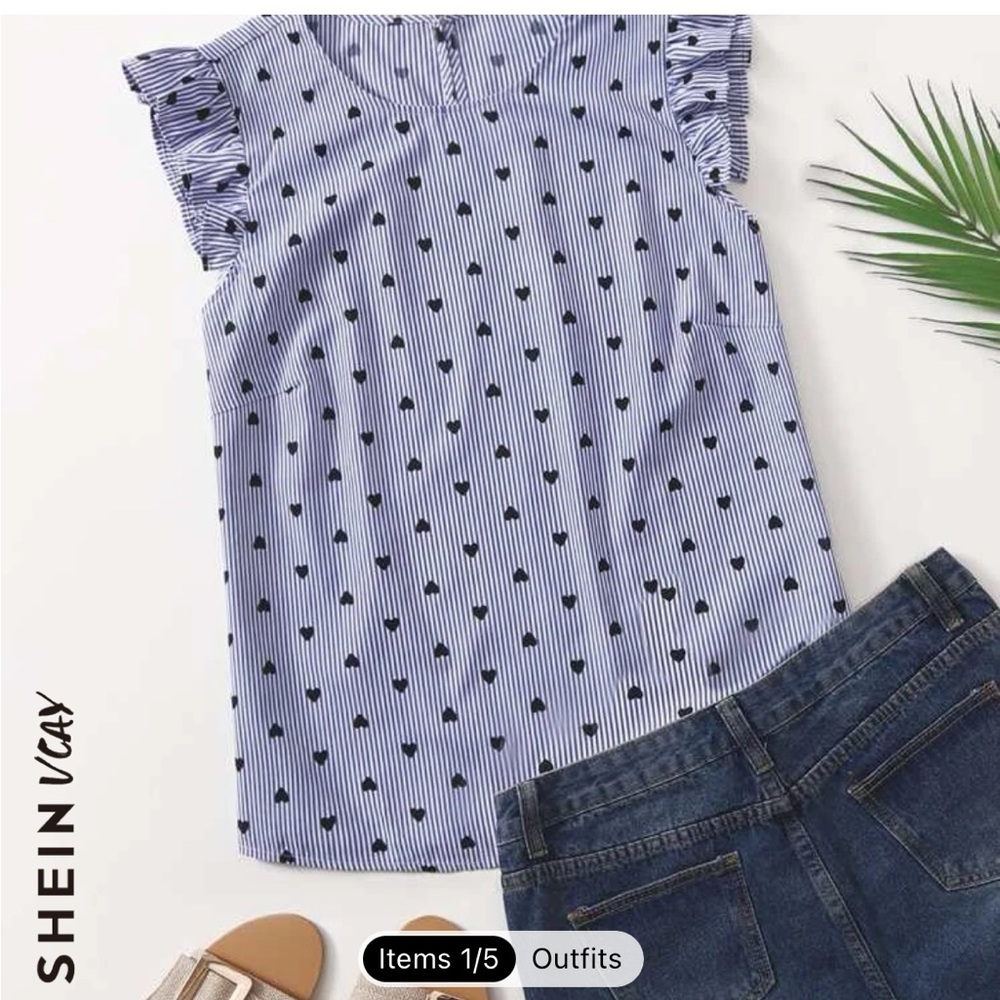 SHEIN striped and hearts flutter sleeve shirt